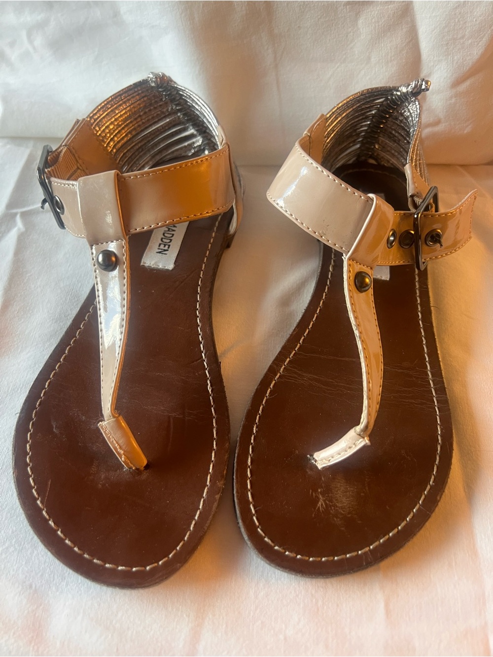 Steve Madden Nude Patent T-Strap Sandals with Brown Footbed